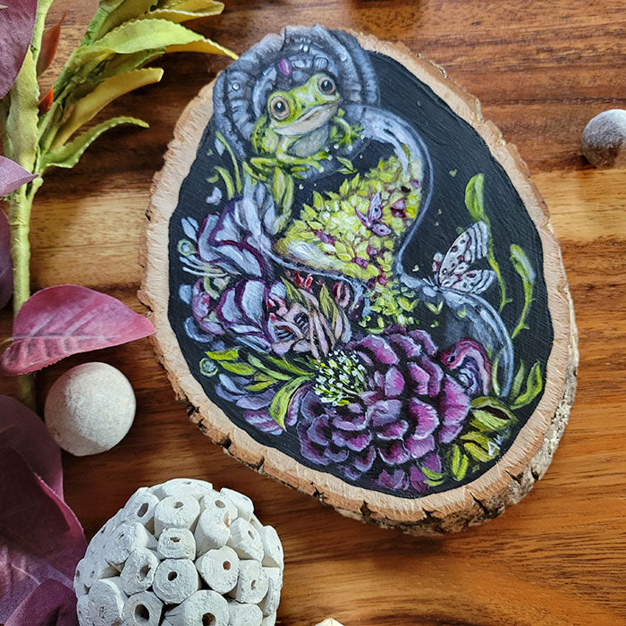 Original Painting of Frog and Flowers on Basswood
