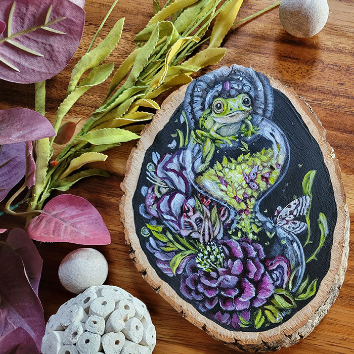 Original Painting of Frog and Flowers on Basswood