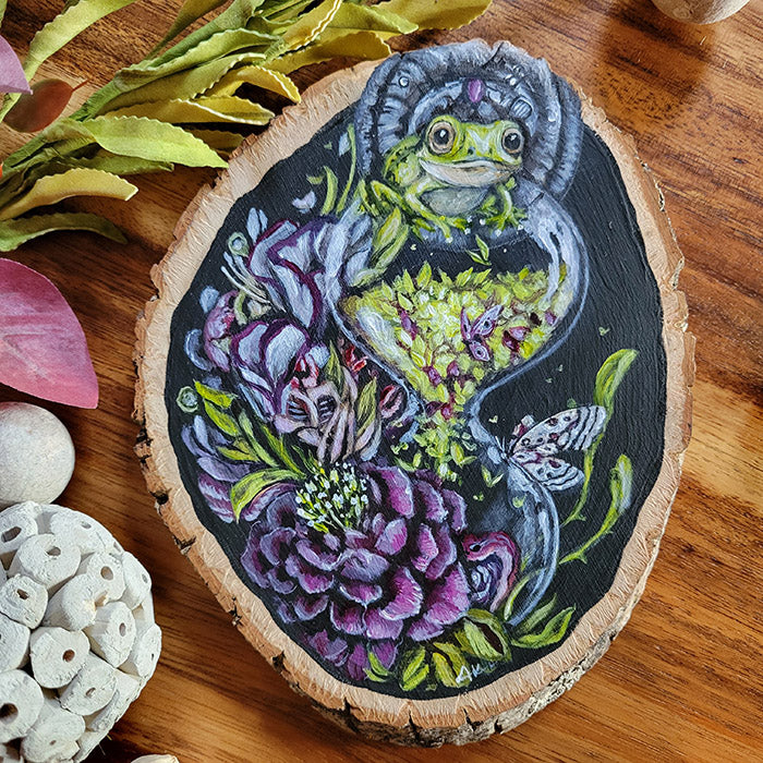 Original Painting of Frog and Flowers on Basswood