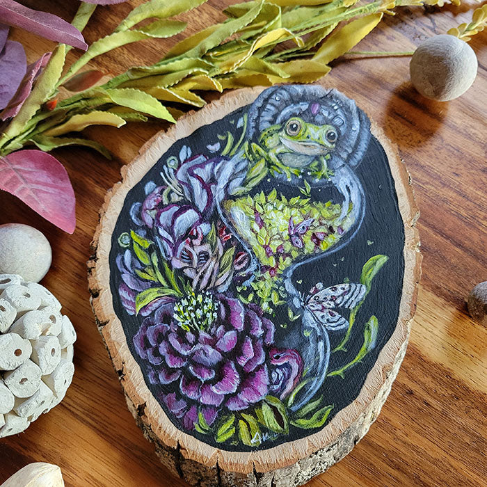 Original Painting of Frog and Flowers on Basswood