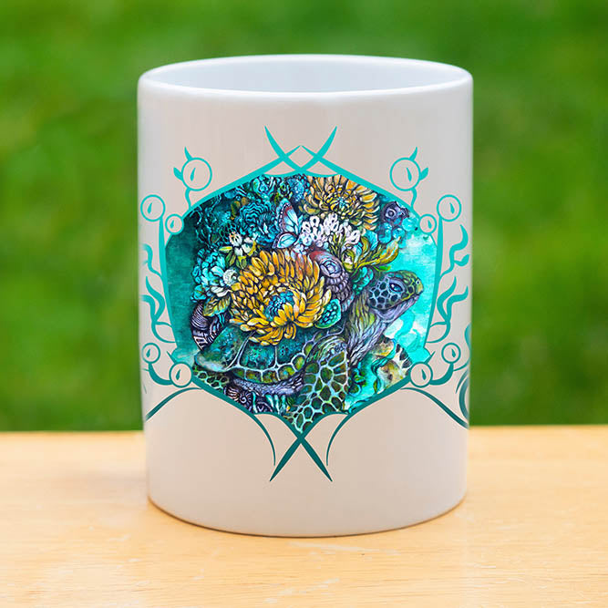 Ceramic Coffee Mug with Sea Turtle and Yellow Flowers