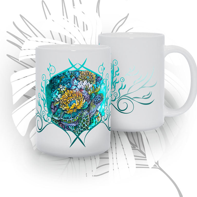 Ceramic Coffee Mug with Sea Turtle and Yellow Flowers
