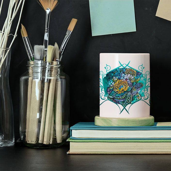 Ceramic Coffee Mug with Sea Turtle and Yellow Flowers