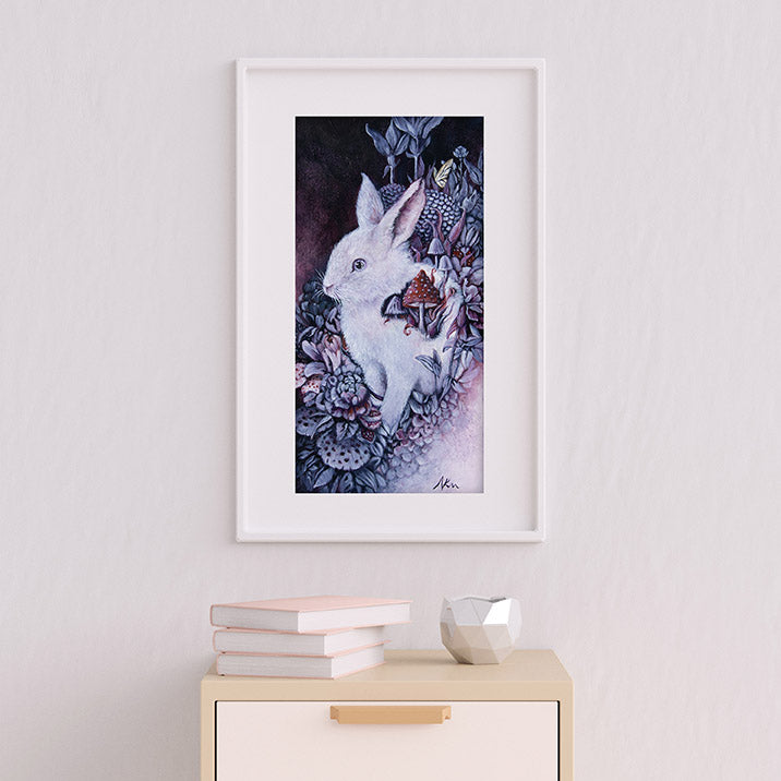 Bunny with Mushrooms and Flowers