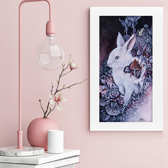Bunny with Mushrooms and Flowers