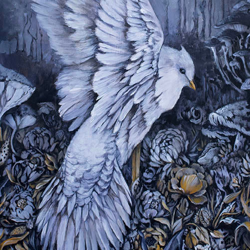 Original Painting and Woodburning with White Bird and Mushrooms