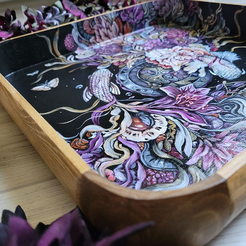 Fish and Flowers Wooden Tray originalpainting AK Organic Abstracts