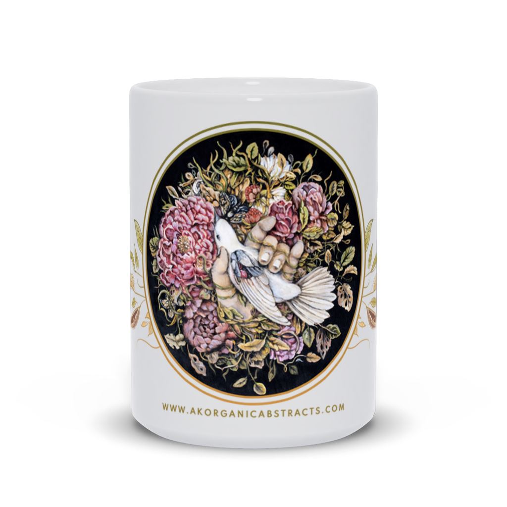 Ceramic Coffee Mug Pink Flowers, Bird and Hand drinkware AK Organic Abstracts