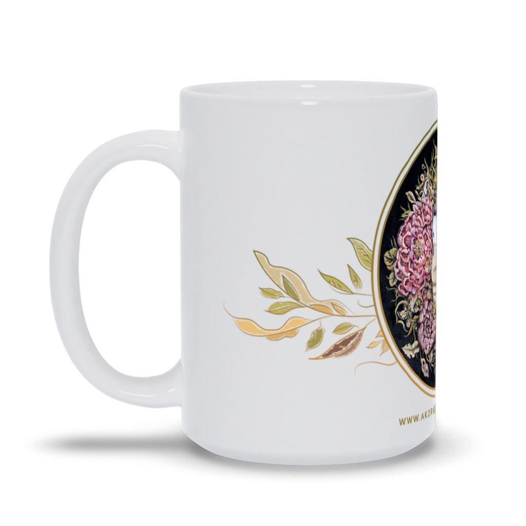 Ceramic Coffee Mug Pink Flowers, Bird and Hand drinkware AK Organic Abstracts