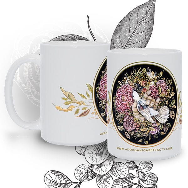 Ceramic Coffee Mug Pink Flowers, Bird and Hand drinkware AK Organic Abstracts