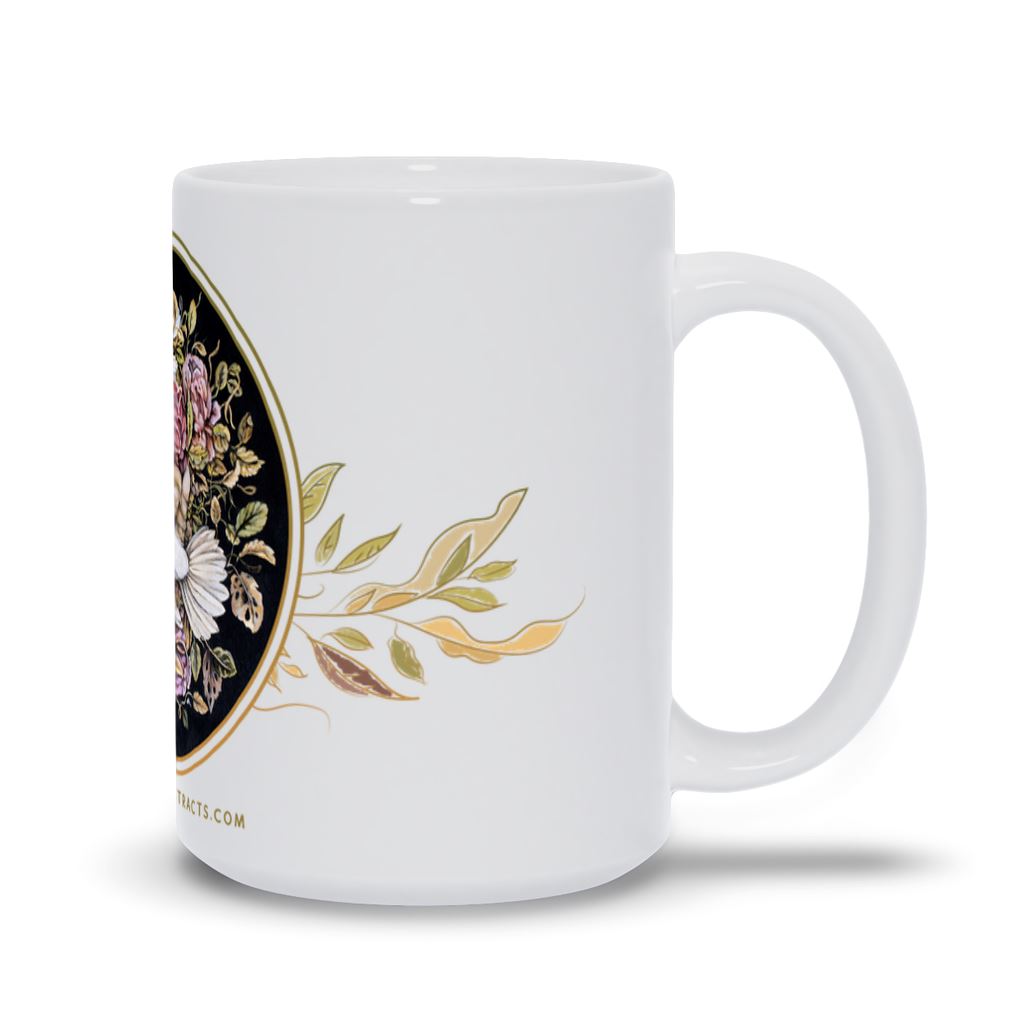 Ceramic Coffee Mug Pink Flowers, Bird and Hand drinkware AK Organic Abstracts