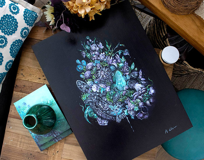 Fantasy Art Steampunk Frog and Flowers Original Acrylic Painting originalpainting AK Organic Abstracts