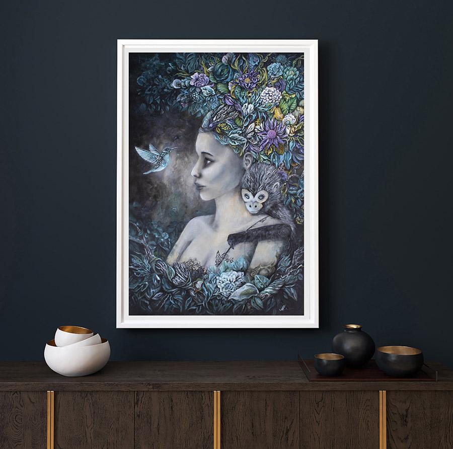 Fantasy Goddess with Monkey and Hummingbird Print prints AK Organic Abstracts