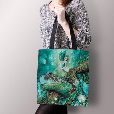 Mermaid and Sea Turtle Tote tote AK Organic Abstracts 