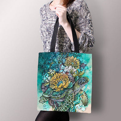 Sea Turtle and Flowers Tote tote AK Organic Abstracts 