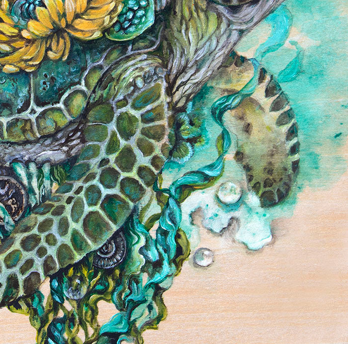 Sea Turtle and Yellow Flowers Fantasy Art Print, Whimsical Art prints AK Organic Abstracts