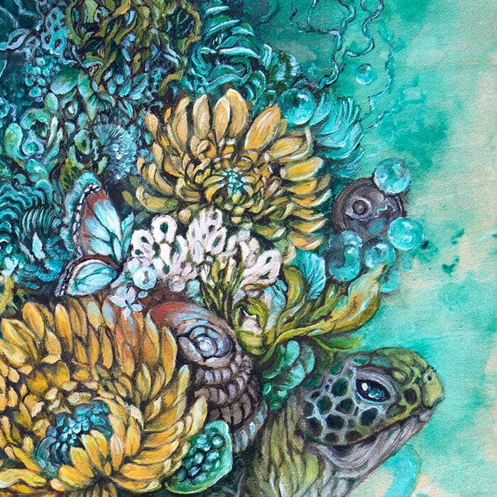 Sea Turtle Painting with Yellow Flowers prints AK Organic Abstracts