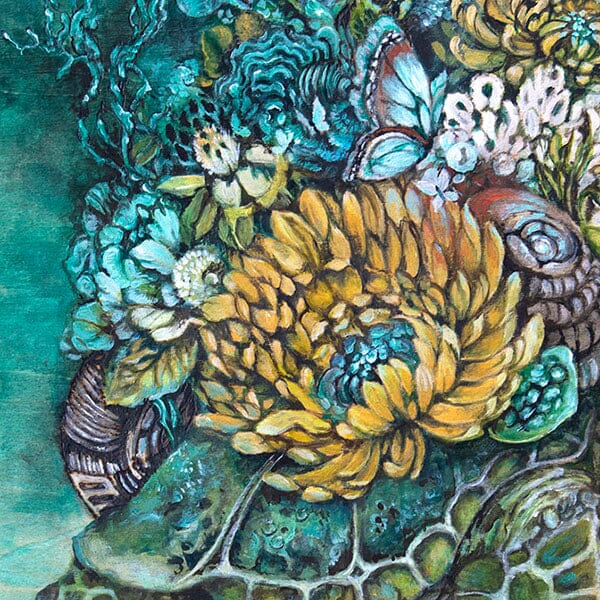 Sea Turtle Painting with Yellow Flowers prints AK Organic Abstracts