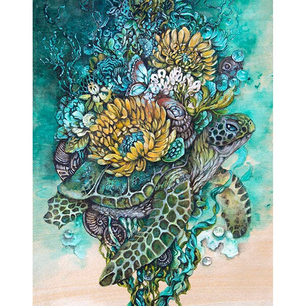 Sea Turtle Painting with Yellow Flowers prints AK Organic Abstracts