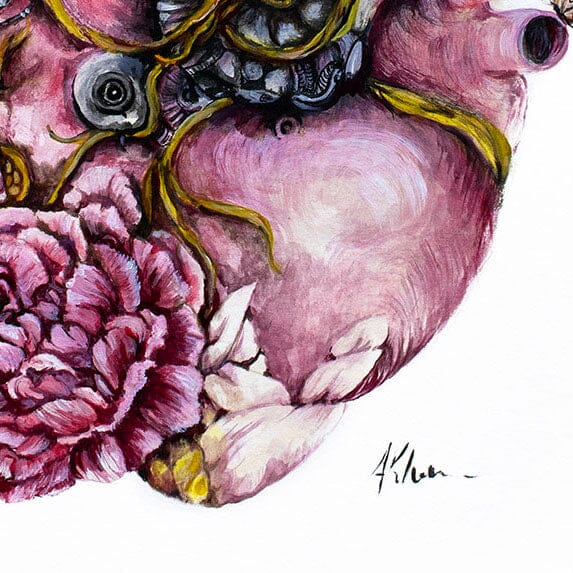 Steampunk Art Print Pink Heart and Flowers prints AK Organic Abstracts