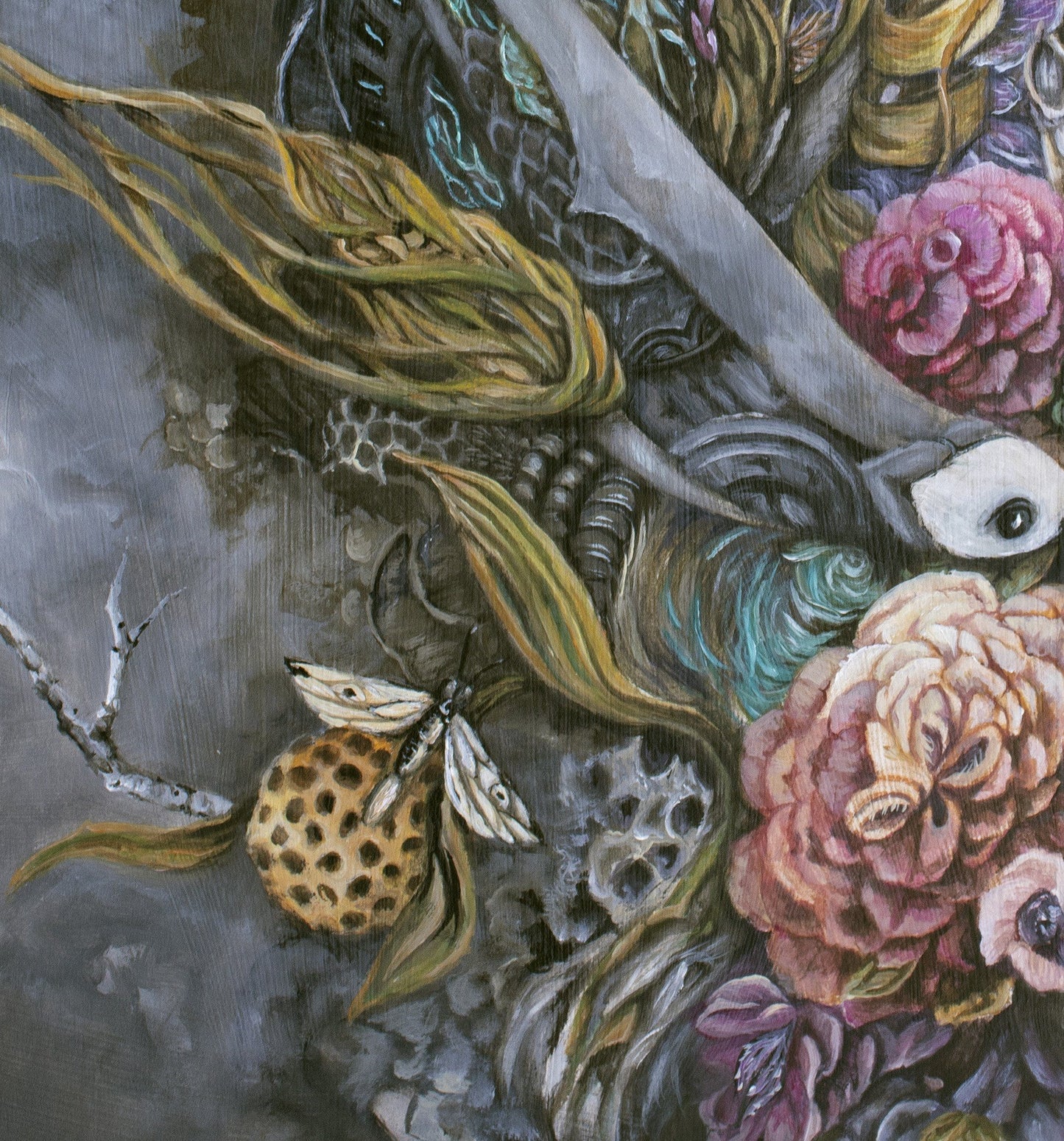 Steampunk Bird and Flowers Original Fantasy Painting with Wood Burning Art originalpainting AK Organic Abstracts