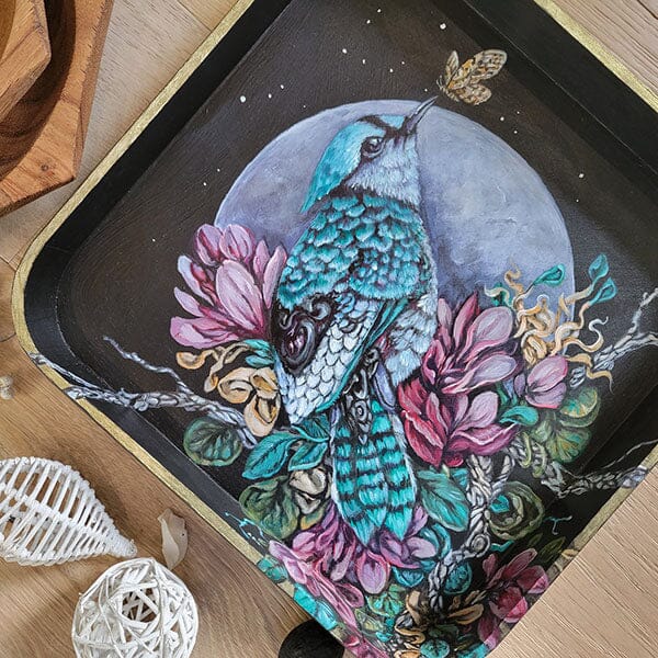Steampunk Bird Wooden Tray originalpainting AK Organic Abstracts