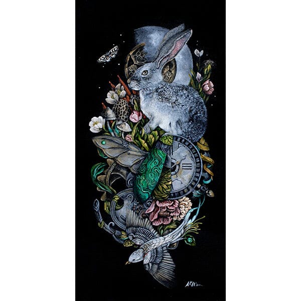 Steampunk Bunny Rabbit, Bird and Flowers Art Print prints AK Organic Abstracts