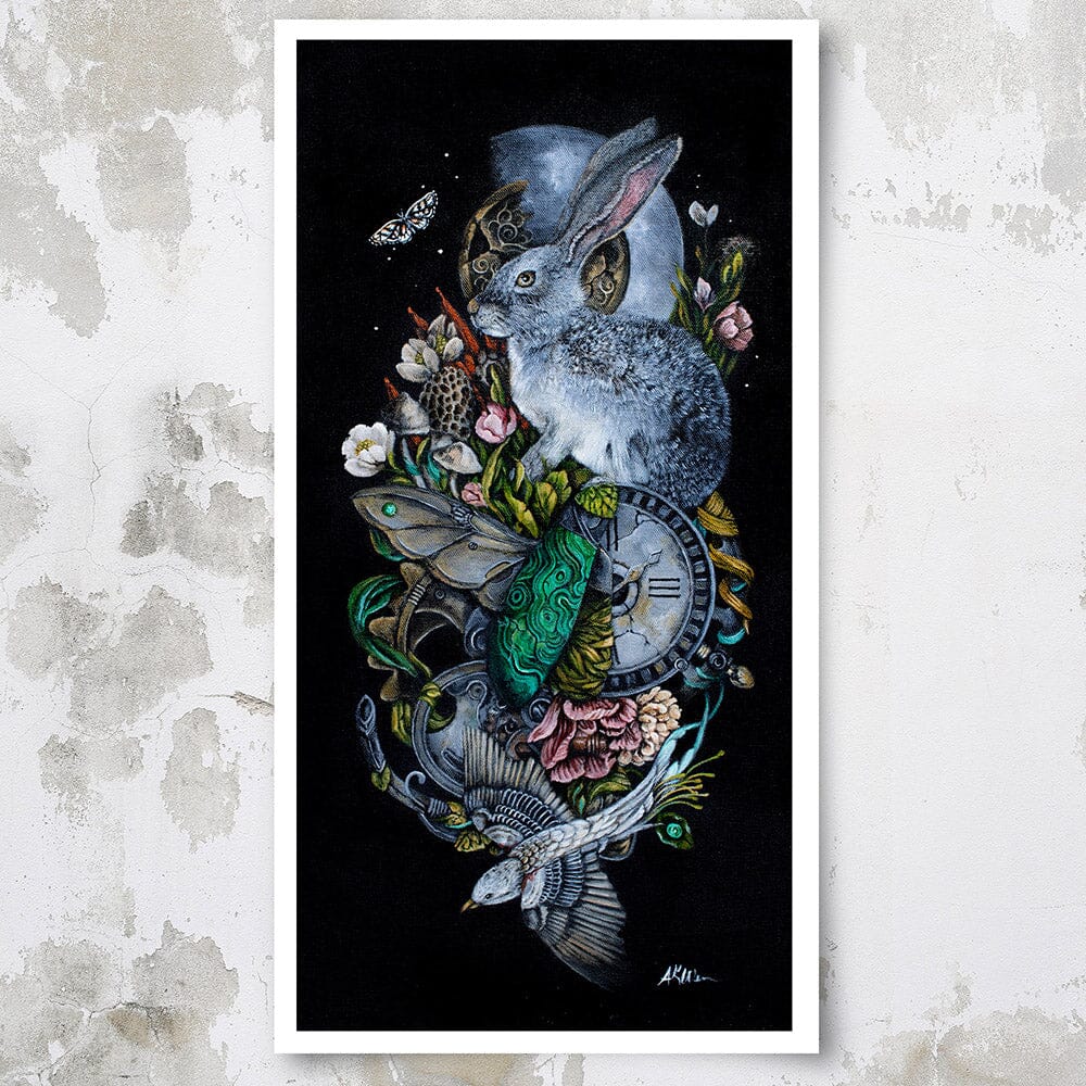 Steampunk Bunny Rabbit, Bird and Flowers Art Print prints AK Organic Abstracts