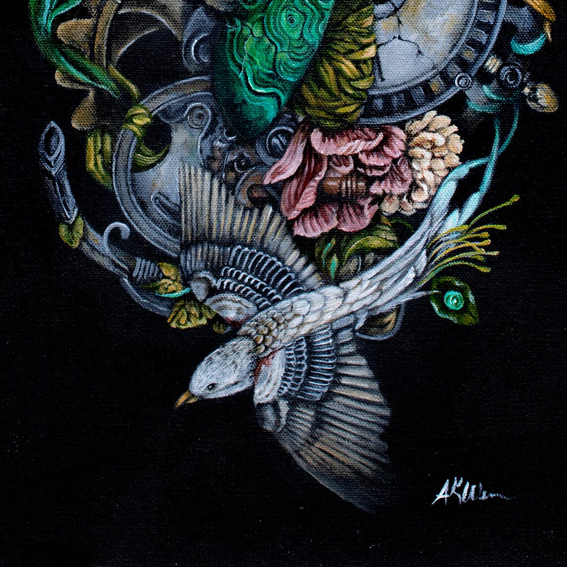 Steampunk Bunny Rabbit, Bird and Flowers Art Print prints AK Organic Abstracts