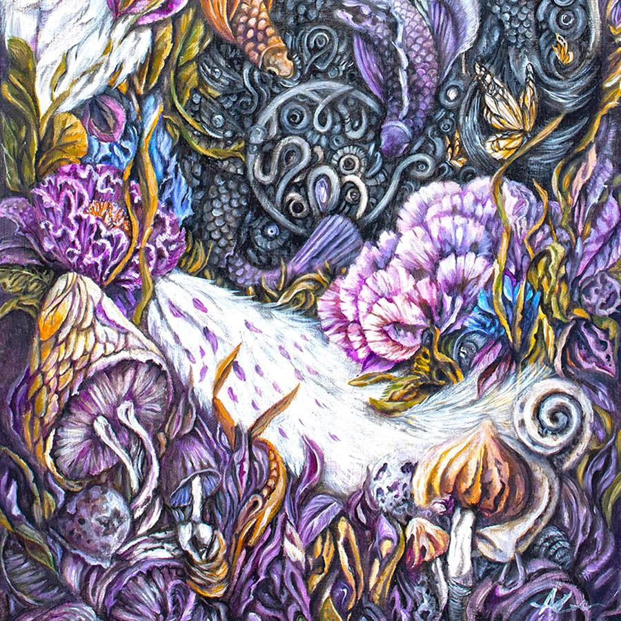 Steampunk Crane, Mushrooms and Flowers Original Fantasy Painting with Wood Burning Art originalpainting AK Organic Abstracts