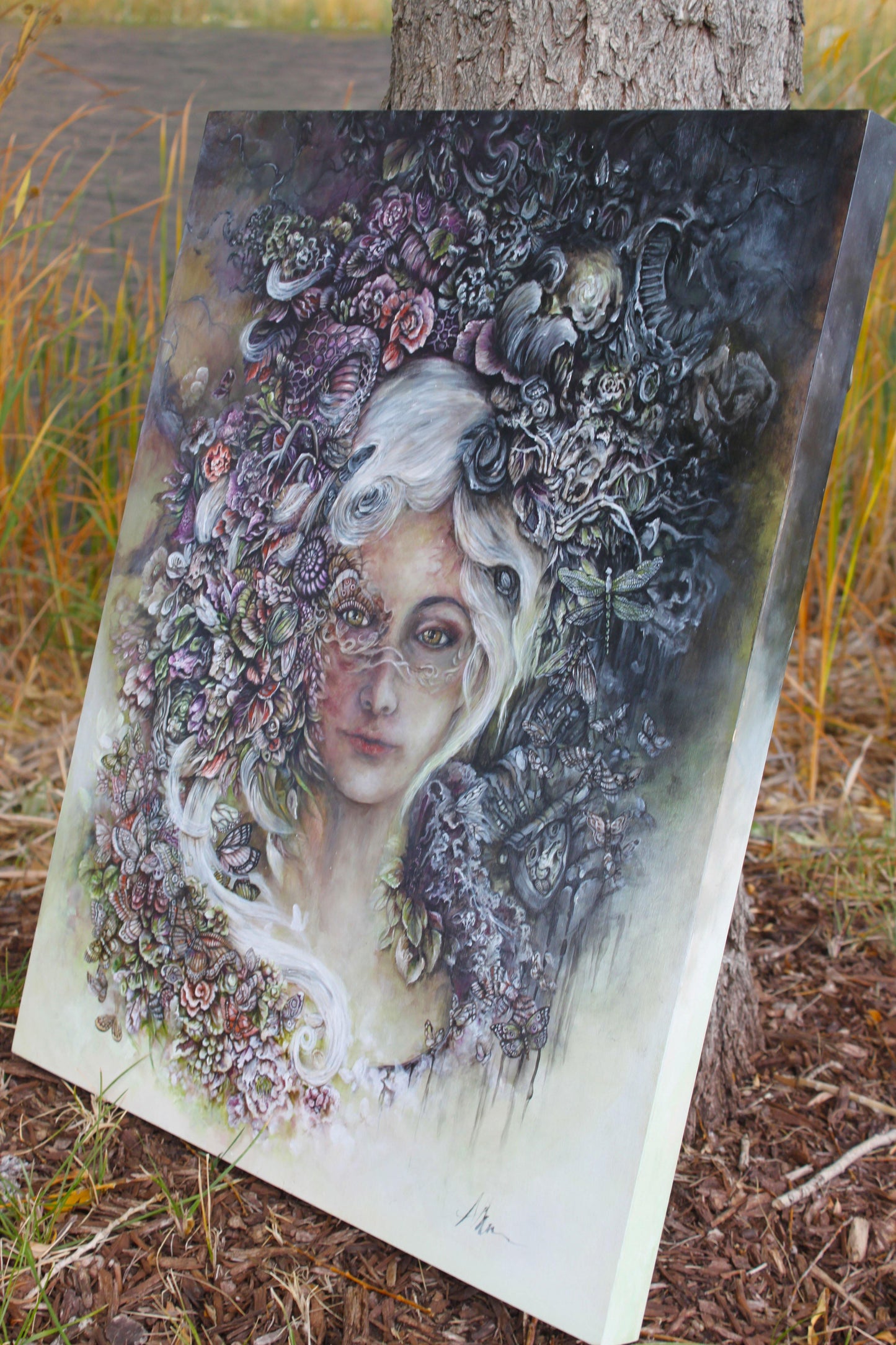 Steampunk Fantasy Girl with Flowers and Butterflies Acrylic Painting "Reclamation: Earth" originalpainting AK Organic Abstracts