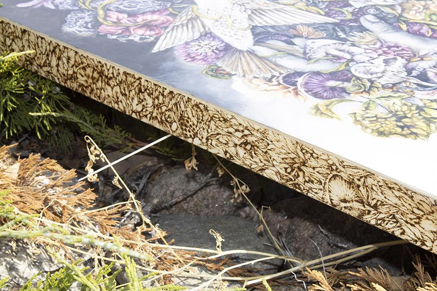 Steampunk Hands, Apple, Snake and Flowers Original Fantasy Painting with Wood Burning Art originalpainting AK Organic Abstracts