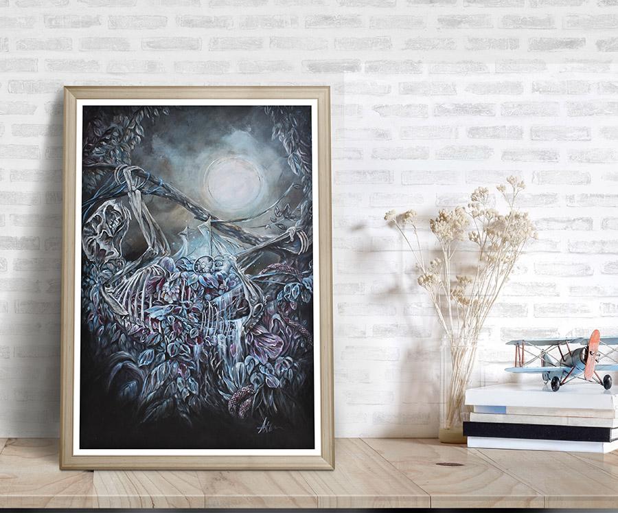 Steampunk Scifi Skeleton Sloth Art Print "A Passage Clandestine" prints AK Organic Abstracts
