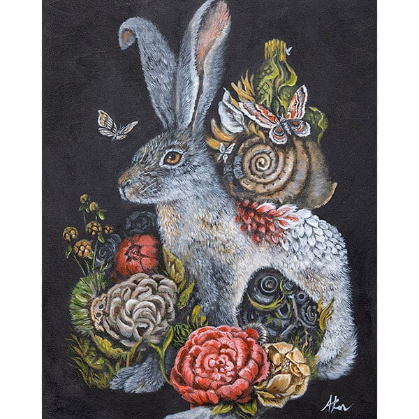 Steampunk White Rabbit with Flowers prints AK Organic Abstracts
