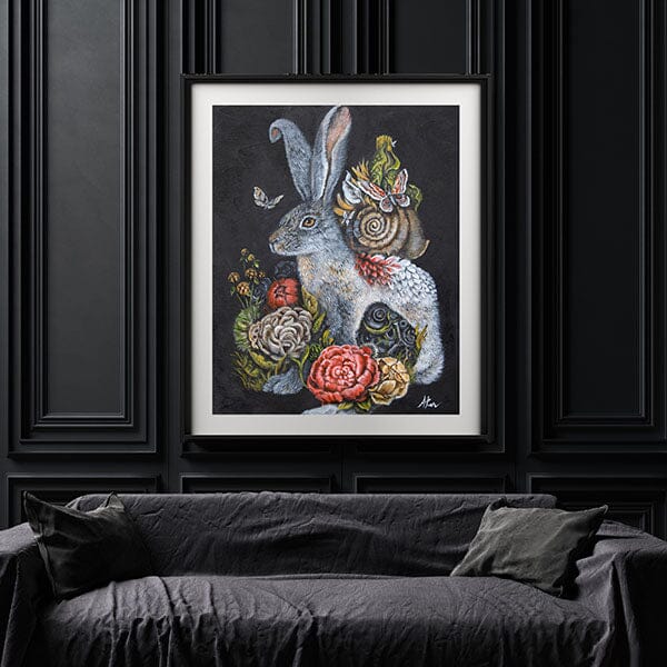 Steampunk White Rabbit with Flowers prints AK Organic Abstracts