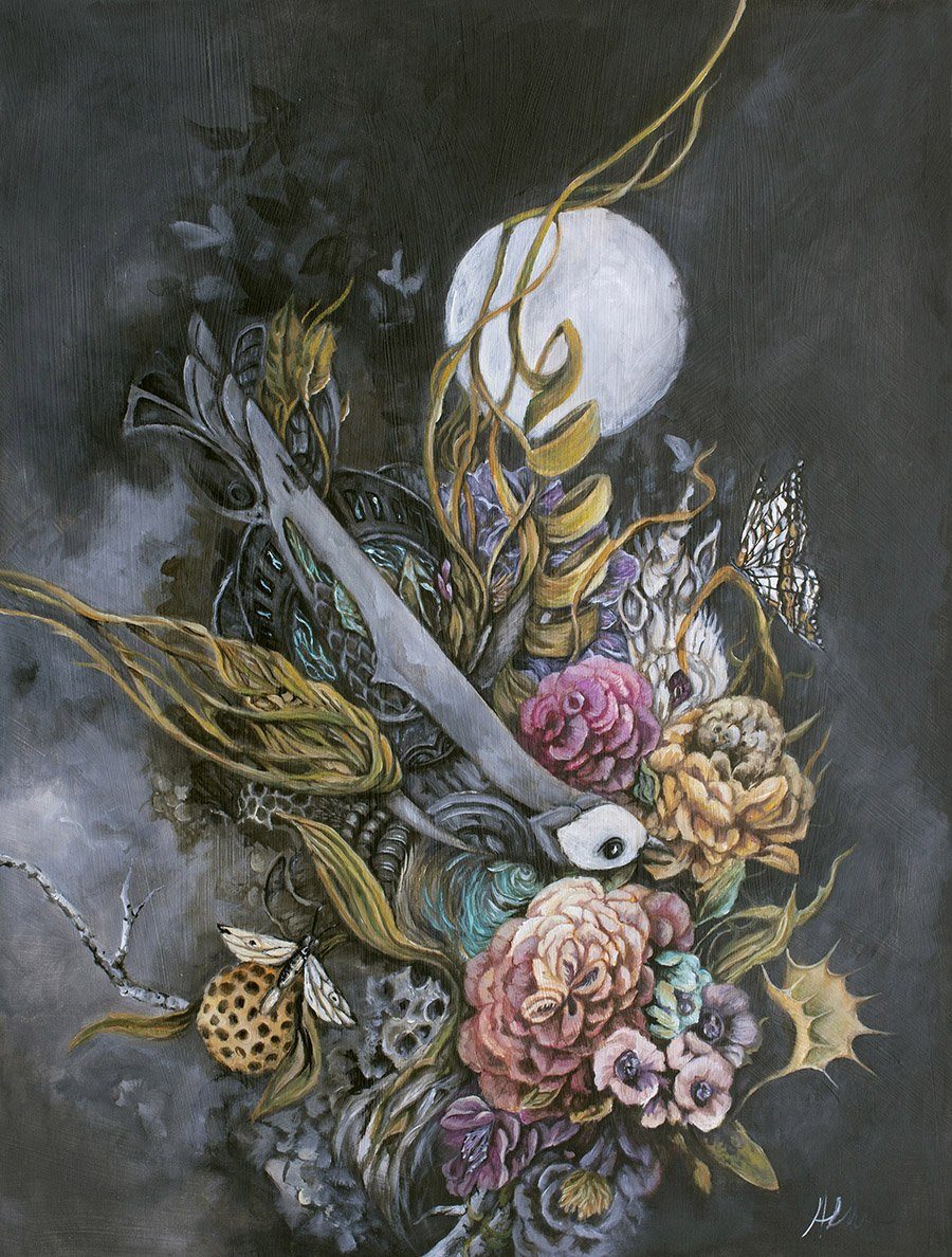 Surreal Bird, Butterflies & Flowers Fantasy Art Print "We Can Return To What We Knew" prints AK Organic Abstracts