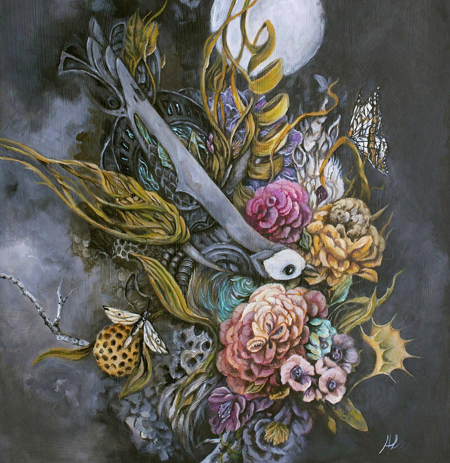 Surreal Bird, Butterflies & Flowers Fantasy Art Print "We Can Return To What We Knew" prints AK Organic Abstracts