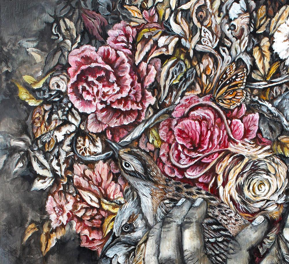 Surreal Nature Art with Hands, Birds and Flowers, "The Healer" originalpainting AK Organic Abstracts