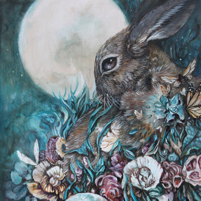Whimsical Art Print with Bunny and Flowers "Down The Rabbit Hole" prints AK Organic Abstracts 