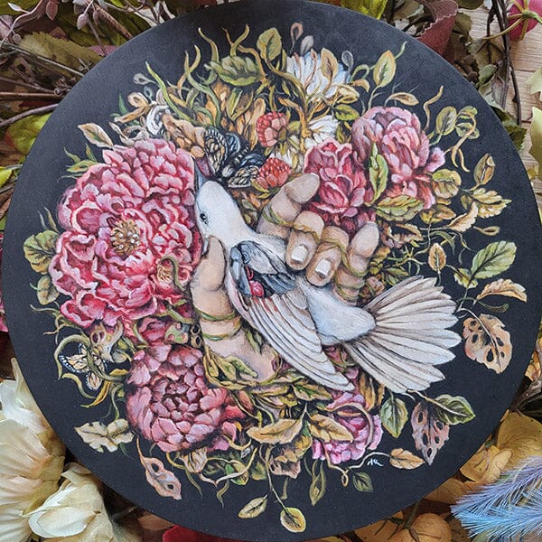 Wood Burning & Original Acrylic Painting of Bird, Hand and Flowers originalpainting AK Organic Abstracts