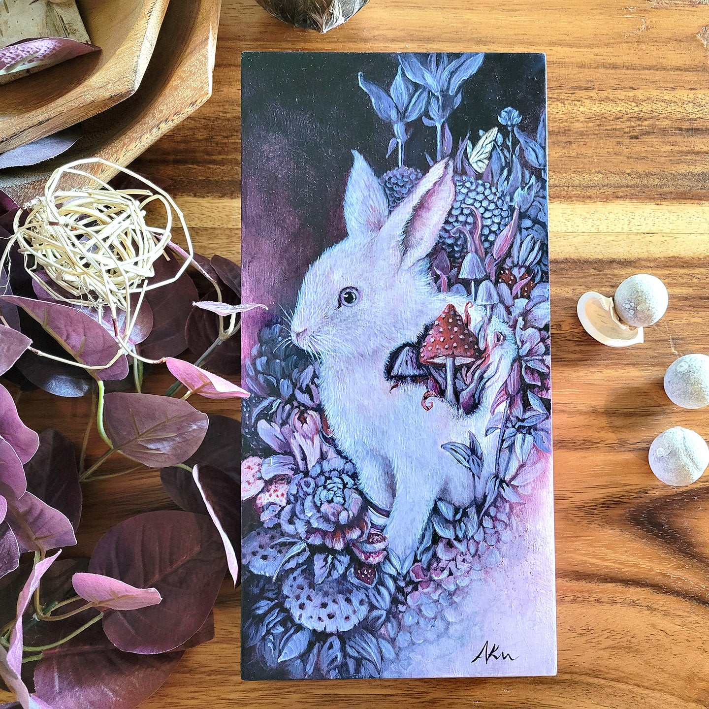 Original Acrylic Painting with Bunny and Mushrooms