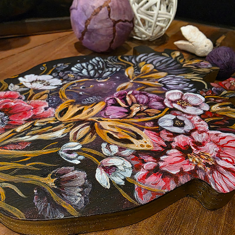 Heart Shaped Original Fantasy Painting with Flowers and Butterfly