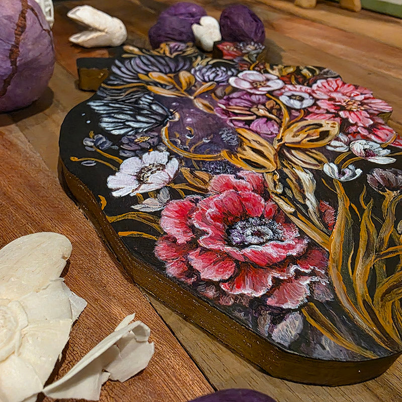 Heart Shaped Original Fantasy Painting with Flowers and Butterfly