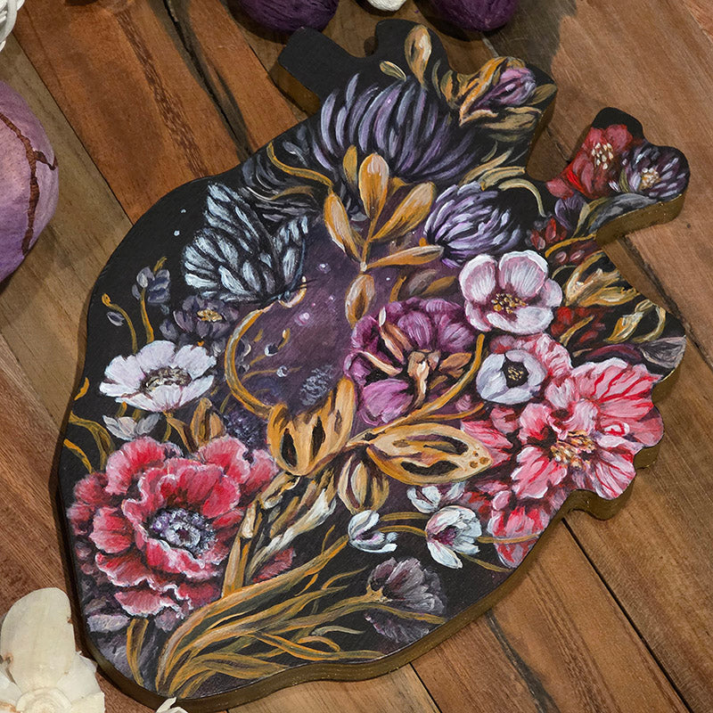 Heart Shaped Original Fantasy Painting with Flowers and Butterfly