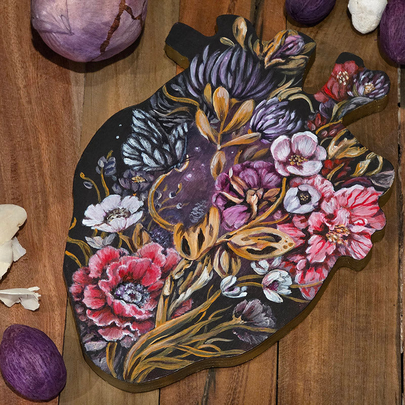 Heart Shaped Original Fantasy Painting with Flowers and Butterfly