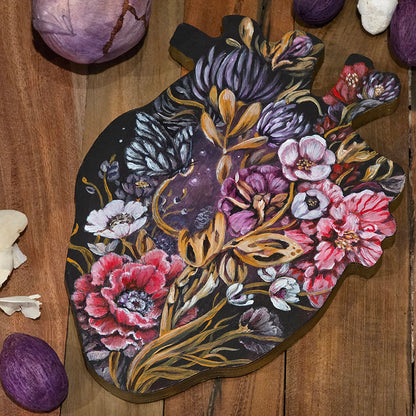 Heart Shaped Original Fantasy Painting with Flowers and Butterfly