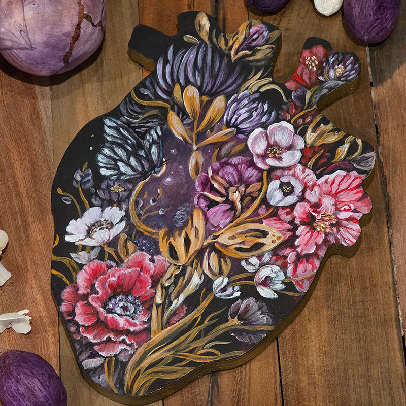 Heart Shaped Original Fantasy Painting with Flowers and Butterfly