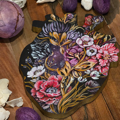Heart Shaped Original Fantasy Painting with Flowers and Butterfly