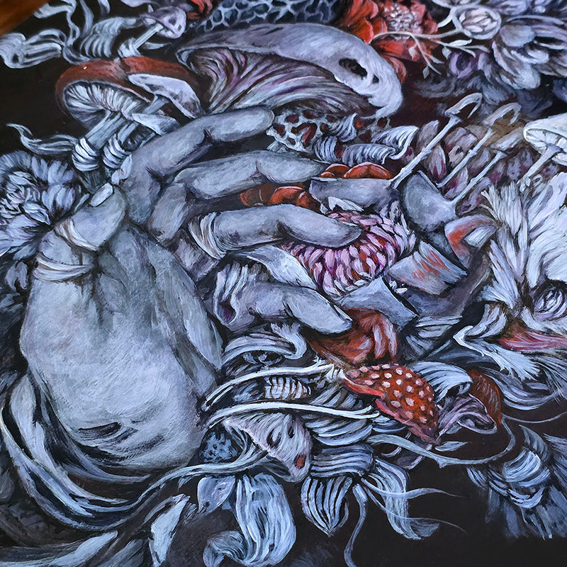 Original Acrylic Painting with Mushrooms and Flowers
