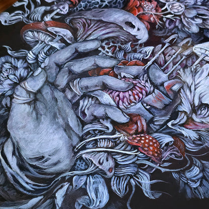 Original Acrylic Painting with Mushrooms and Flowers